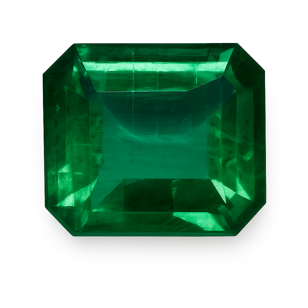 Emerald-cut green gemstone on a white background.