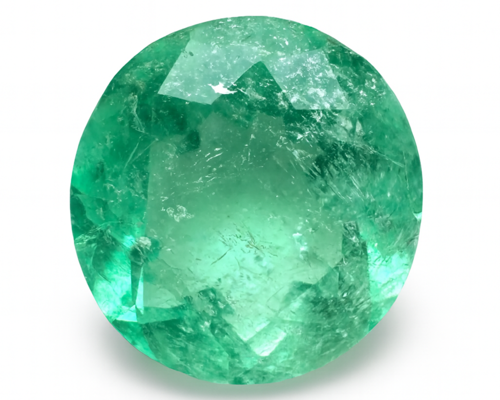 A close-up of a green gemstone, possibly an emerald, with internal reflections and inclusions.