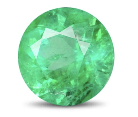Close-up of a bright green emerald gemstone with facets and a polished surface.