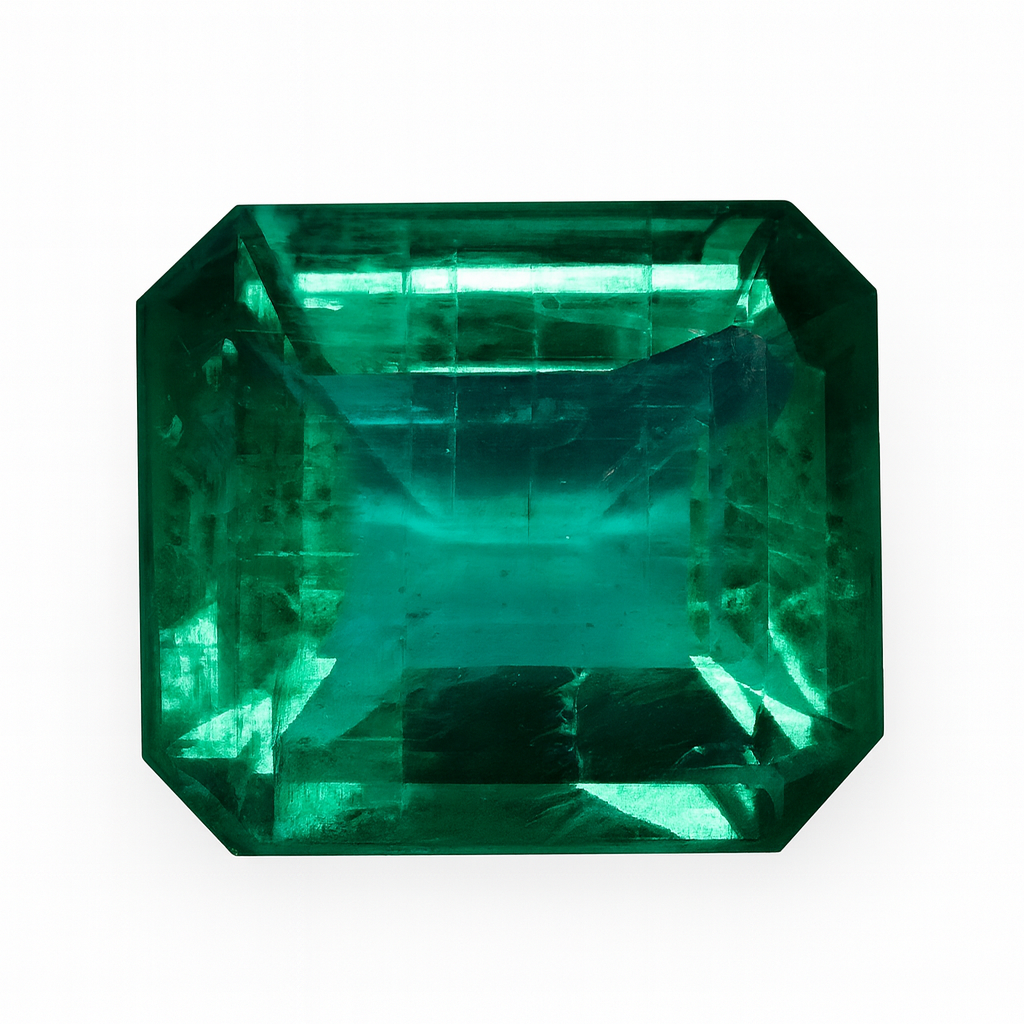 A large, emerald green, step-cut gemstone with a rectangular shape and beveled corners
