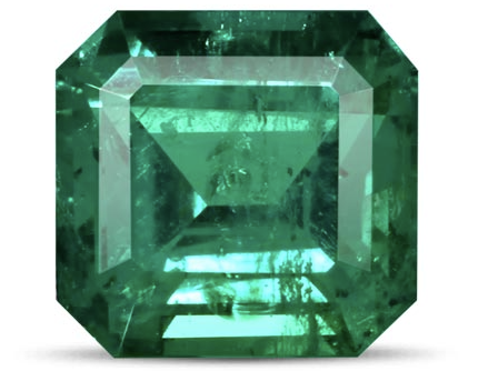 A large emerald-cut green gemstone with a step-cut design, displaying a vibrant green color.