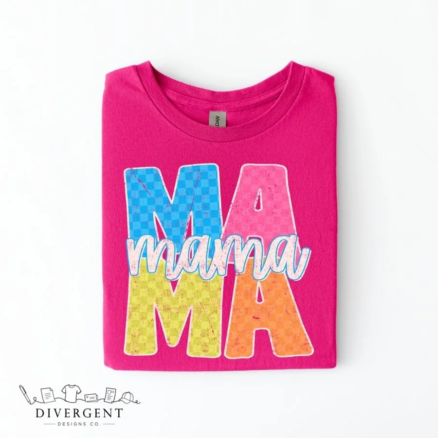 Retro Checkered Mama Graphic Tee – Gildan® 8000 DryBlend® Mother's Day Shirt