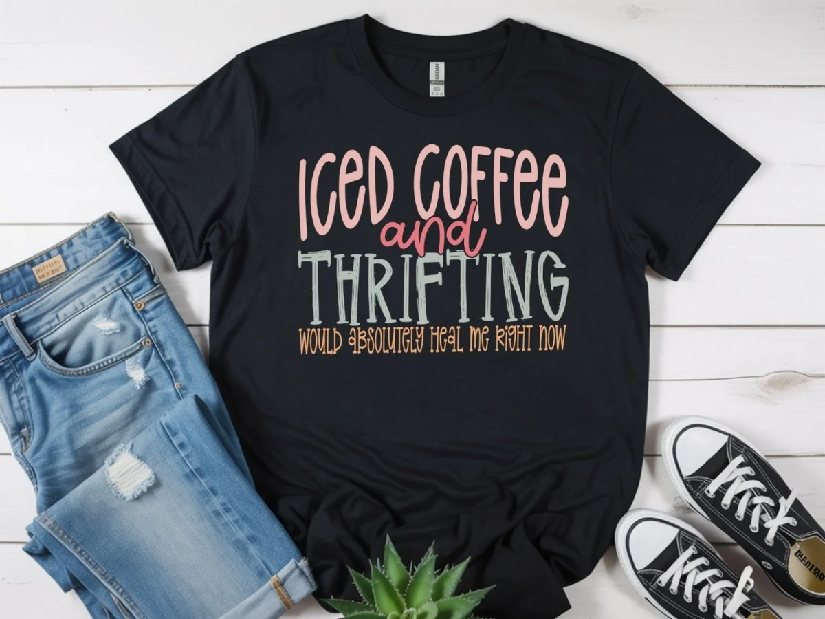 Iced Coffee and Thrifting Tee | Funny Thrift Lover Shirt | Cute Coffee Graphic T-Shirt