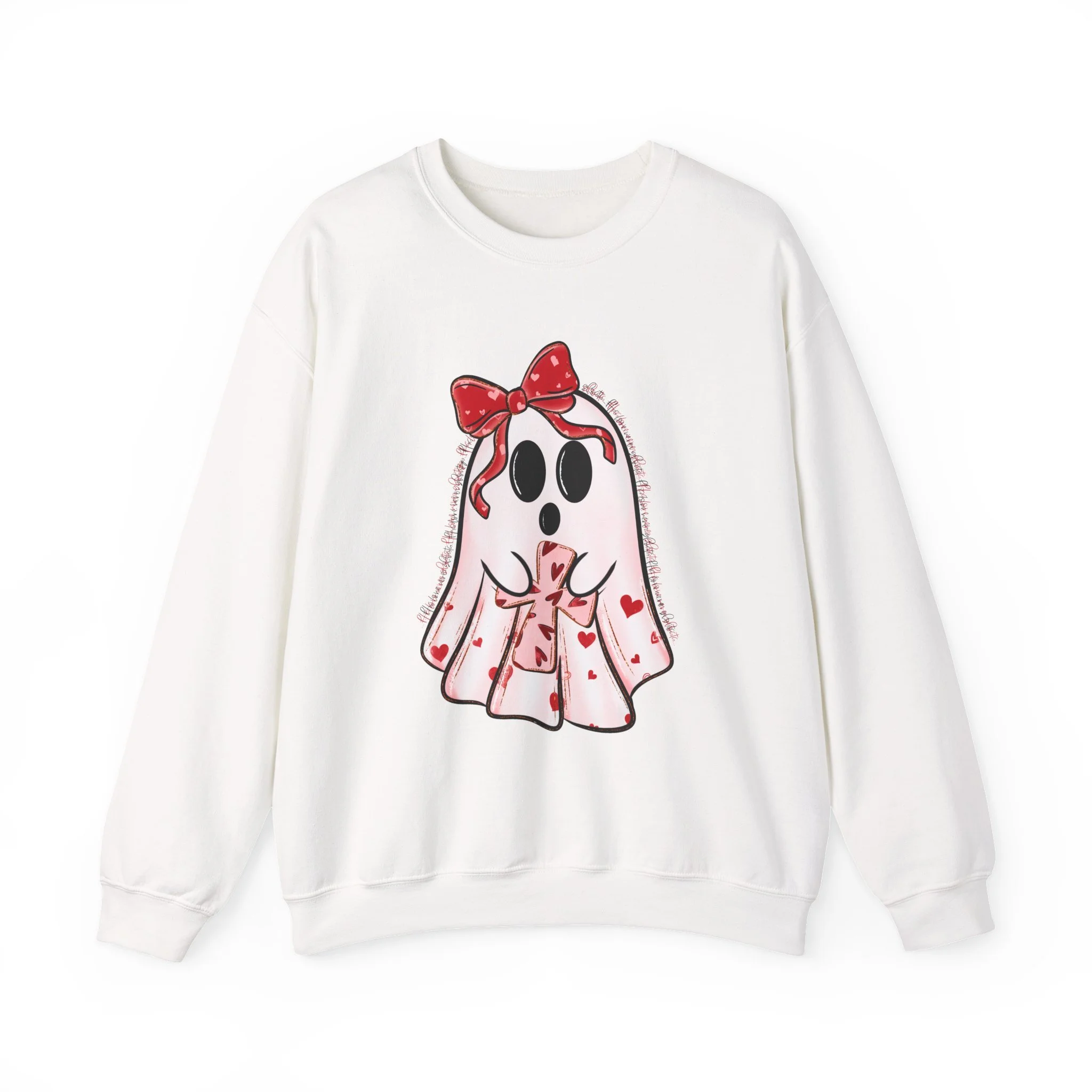Cute Valentine Ghost Sweatshirt – Heart Bow Ghost Crewneck