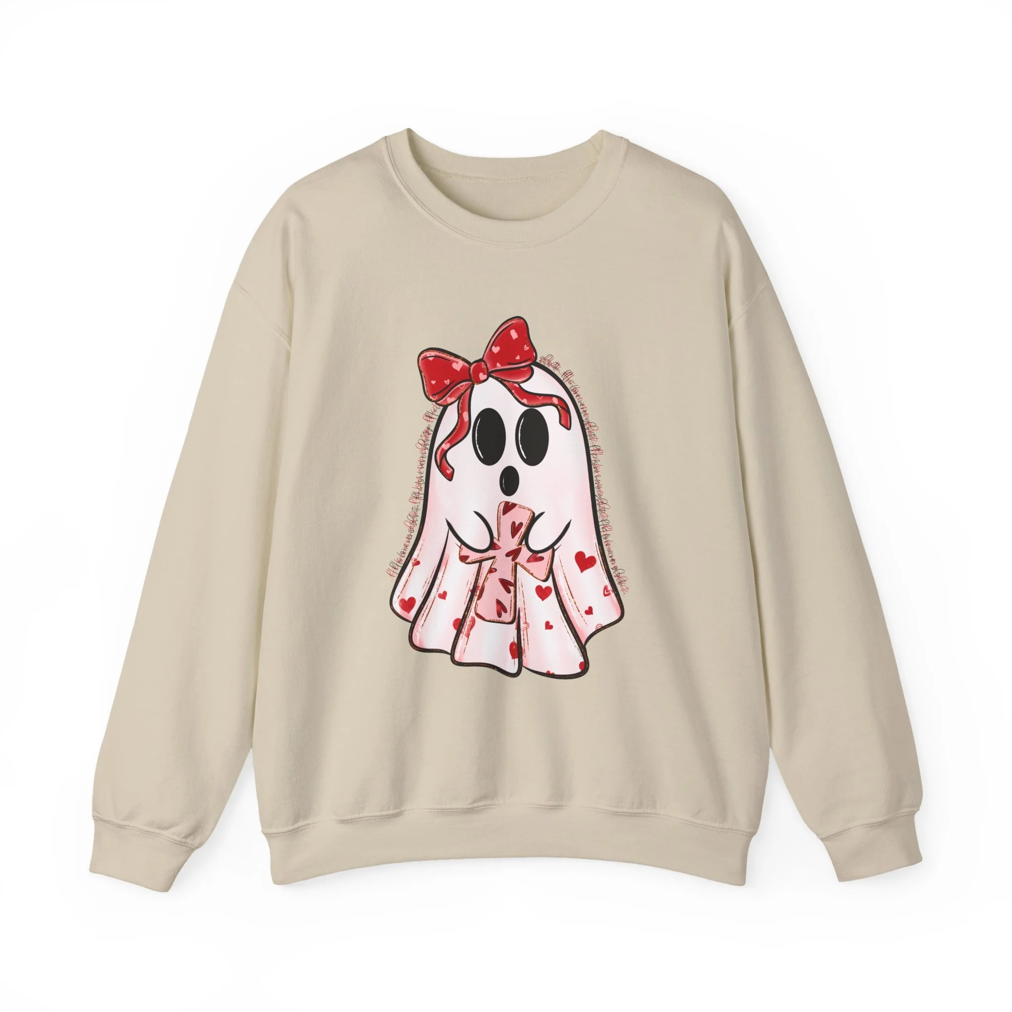 Cute Valentine Ghost Sweatshirt – Heart Bow Ghost Crewneck