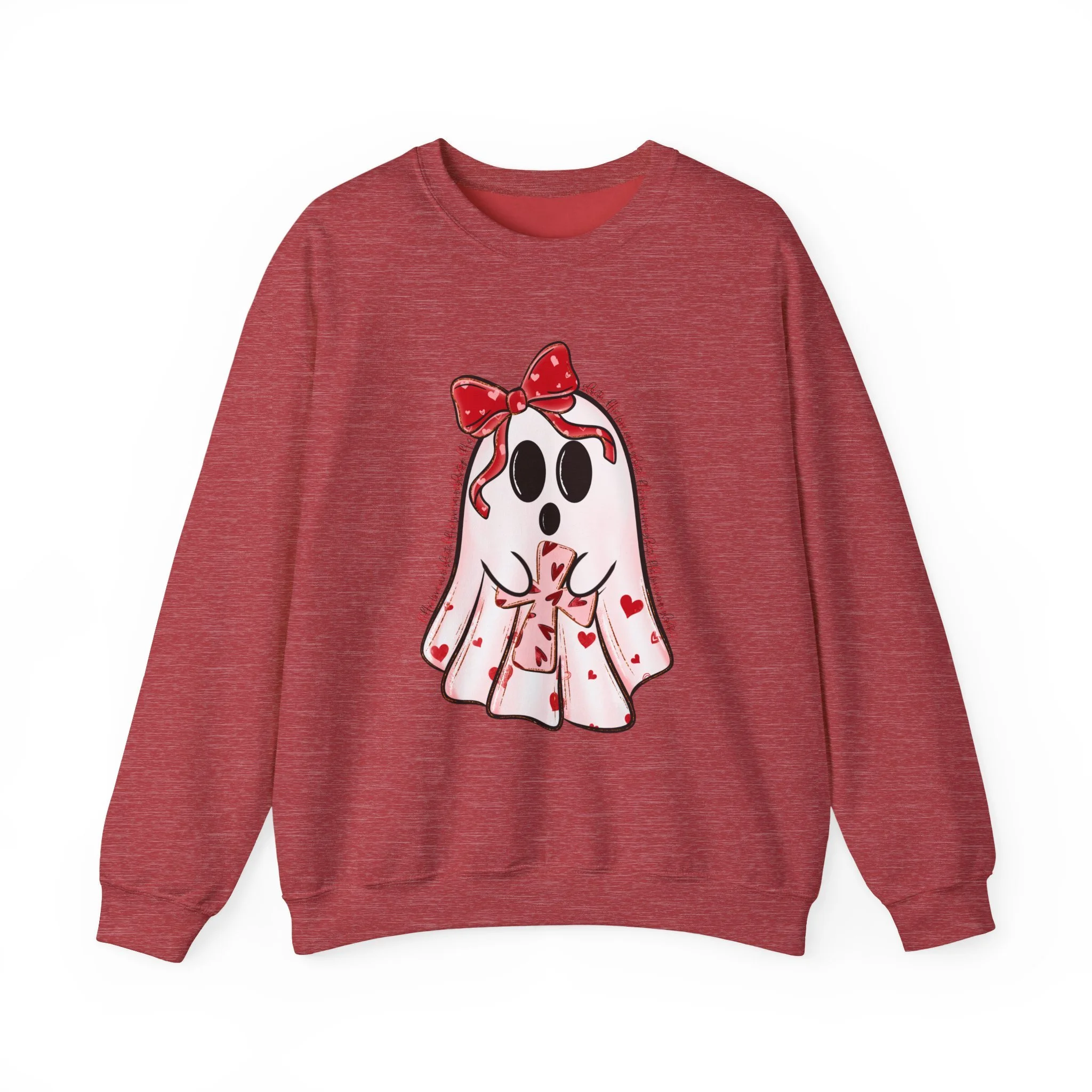 Cute Valentine Ghost Sweatshirt – Heart Bow Ghost Crewneck
