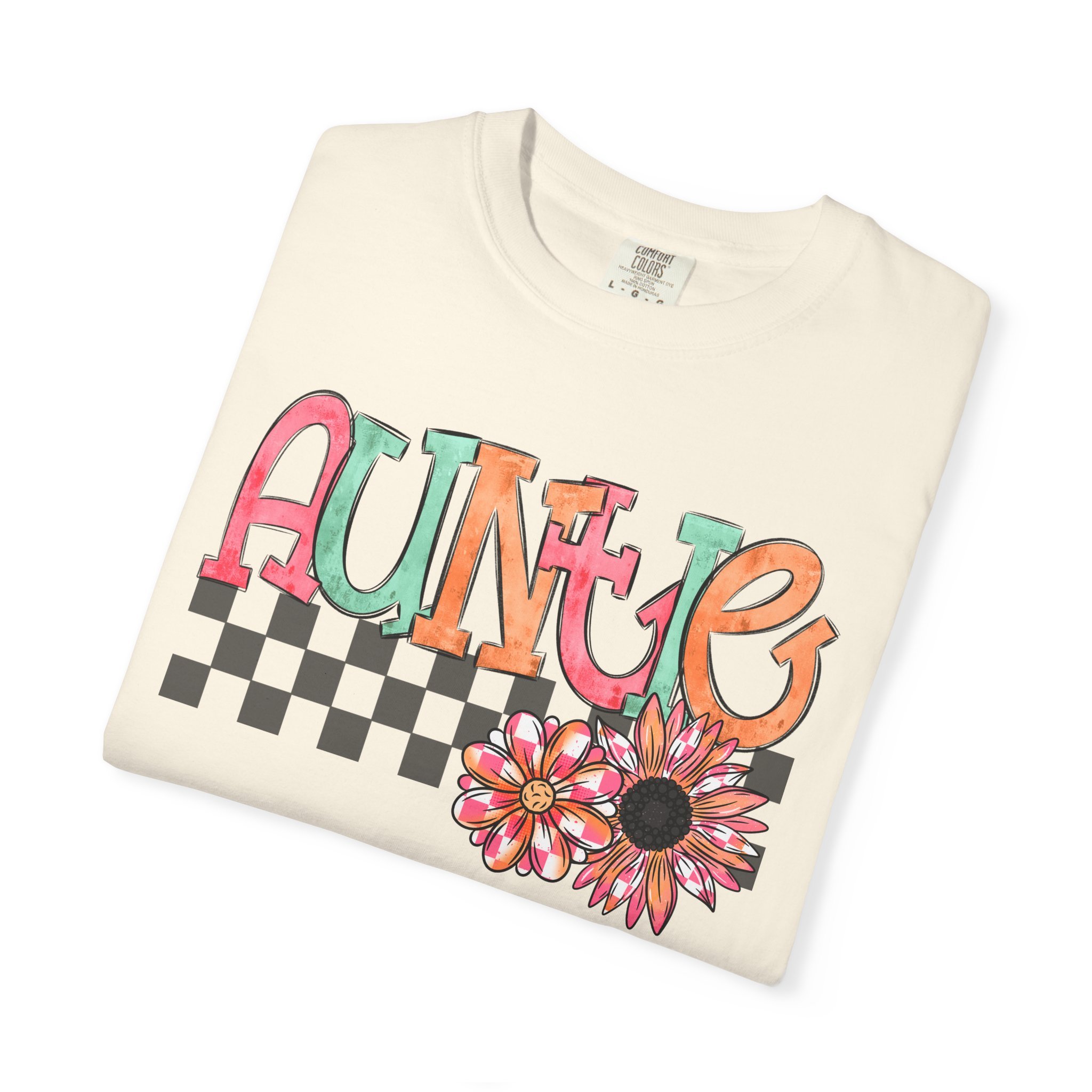 Auntie Floral Checkerboard Tee — Retro Psychedelic 'Auntie' Graphic T-Shirt