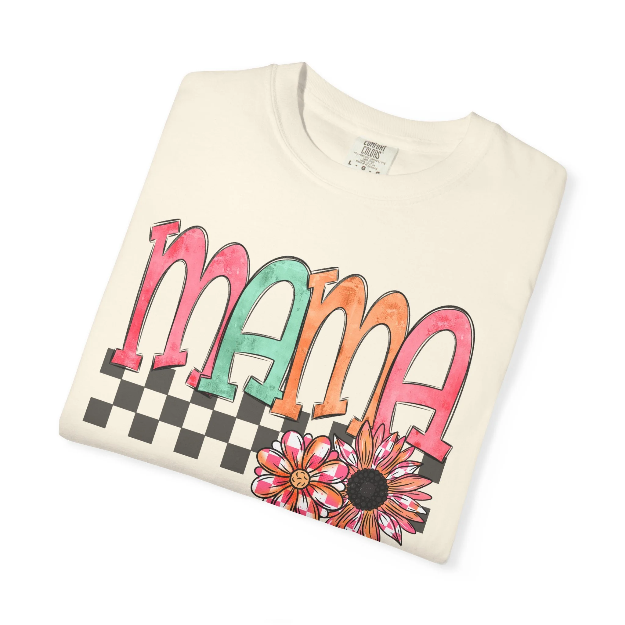Mama Floral Checkerboard T-Shirt — Retro Rainbow Mom Tee for Mother’s Day