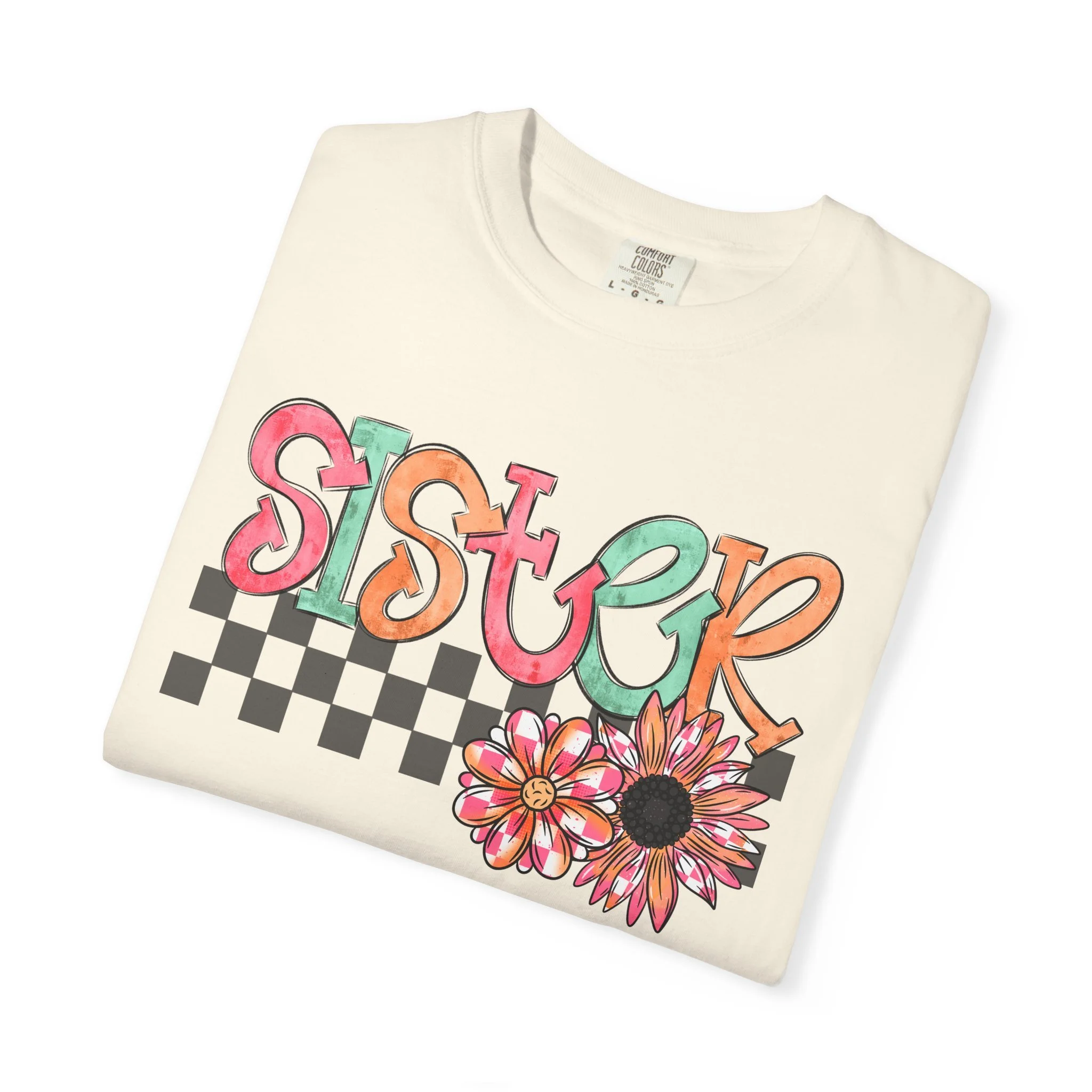 Sister Floral Checkerboard T-Shirt — Retro Groovy Sister Tee