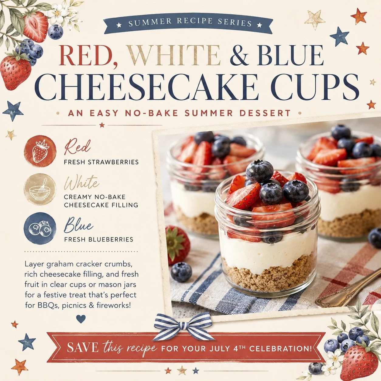 Looking for an easy dessert for your Fourth of July celebration? These no-bake cheesecake cups are festive, delicious, and perfect for backyard BBQs, picnics, and fireworks nights.

❤️ Graham cracker crumb base
🤍 Creamy no-bake cheesecake filling
💙