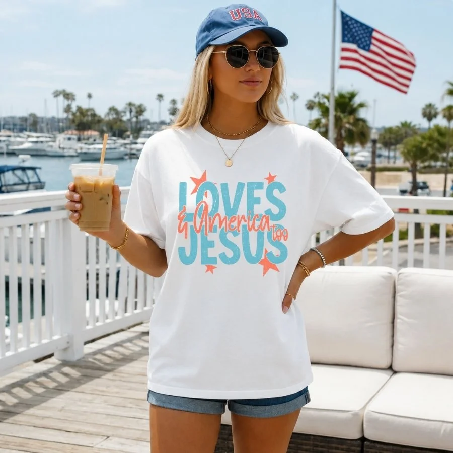 Loves Jesus & America Too Tee | Patriotic Christian Shirt | Faith-Based USA Graphic T-Shirt