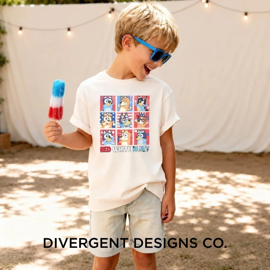 Patriotic Cartoon Dog Friends Shirt | Kids Fourth of July Graphic Tee | Red White & Blue Holiday Shirt