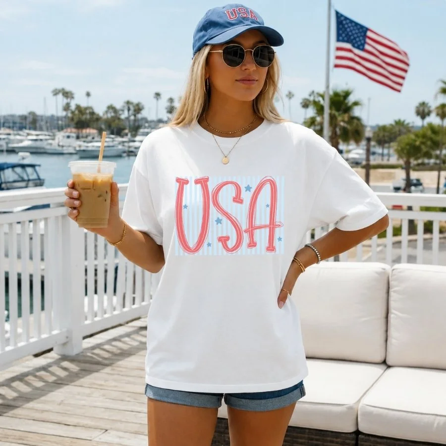 USA Patriotic Graphic Tee | Cute Americana Shirt | Red White & Blue Summer T-Shirt