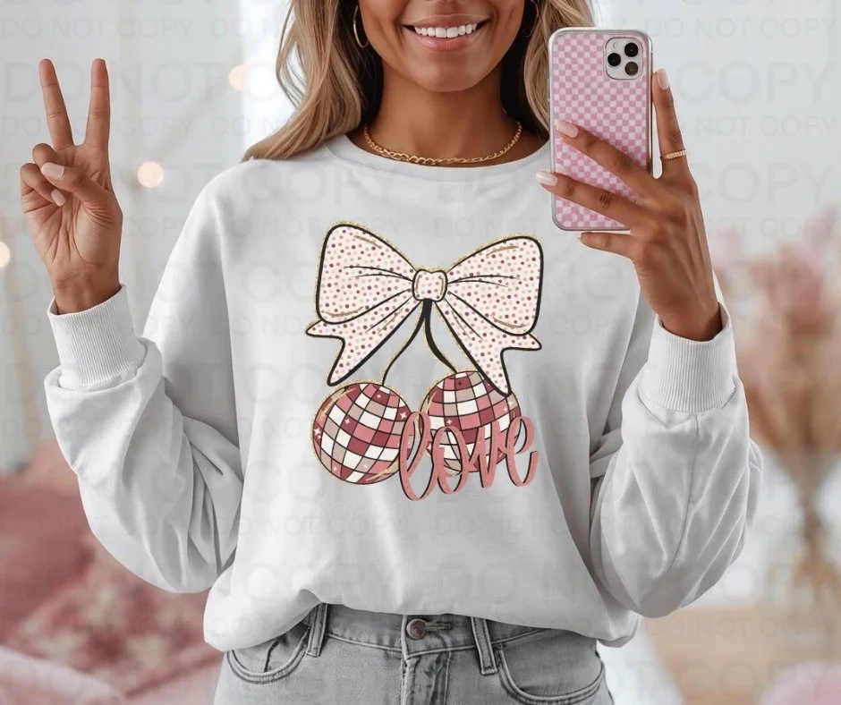 Valentine Bow & Cherries Love Sweatshirt | Gildan 18000 Cozy Crewneck | Cute Valentine’s Day Pullover