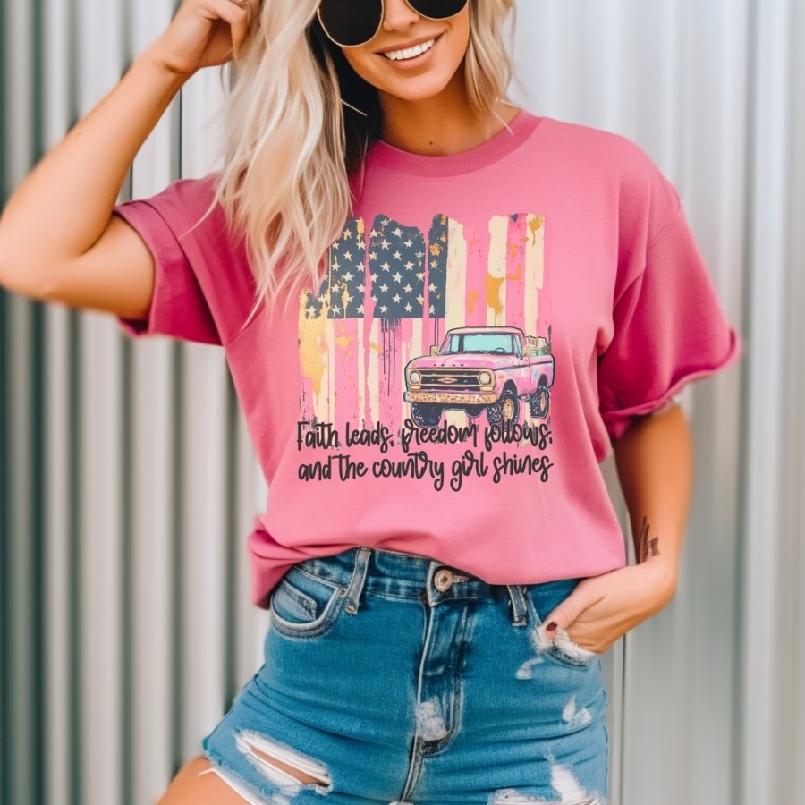 Faith Leads, Freedom Follows Country Girl Graphic Tee | Patriotic Pink Truck Shirt