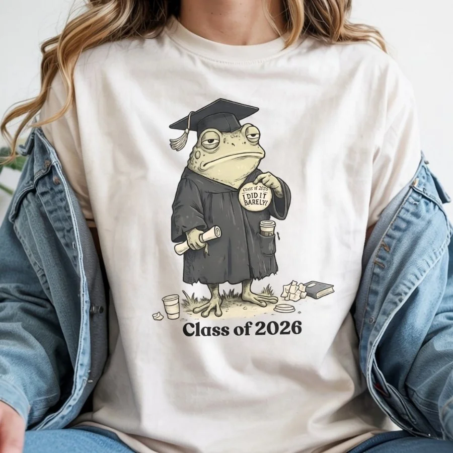 Class of 2026 “I Did It Barely” Frog Graduation Tee | Funny Senior Graphic Shirt