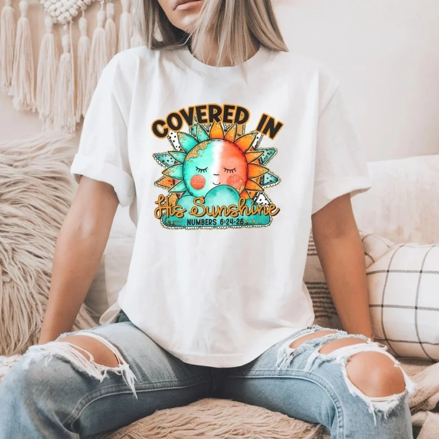 Covered in His Sunshine Christian Graphic Tee | Faith-Based Sunflower Shirt