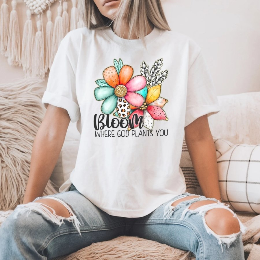 Bloom Where God Plants You Floral Christian Graphic Tee | Faith-Based Inspirational Shirt
