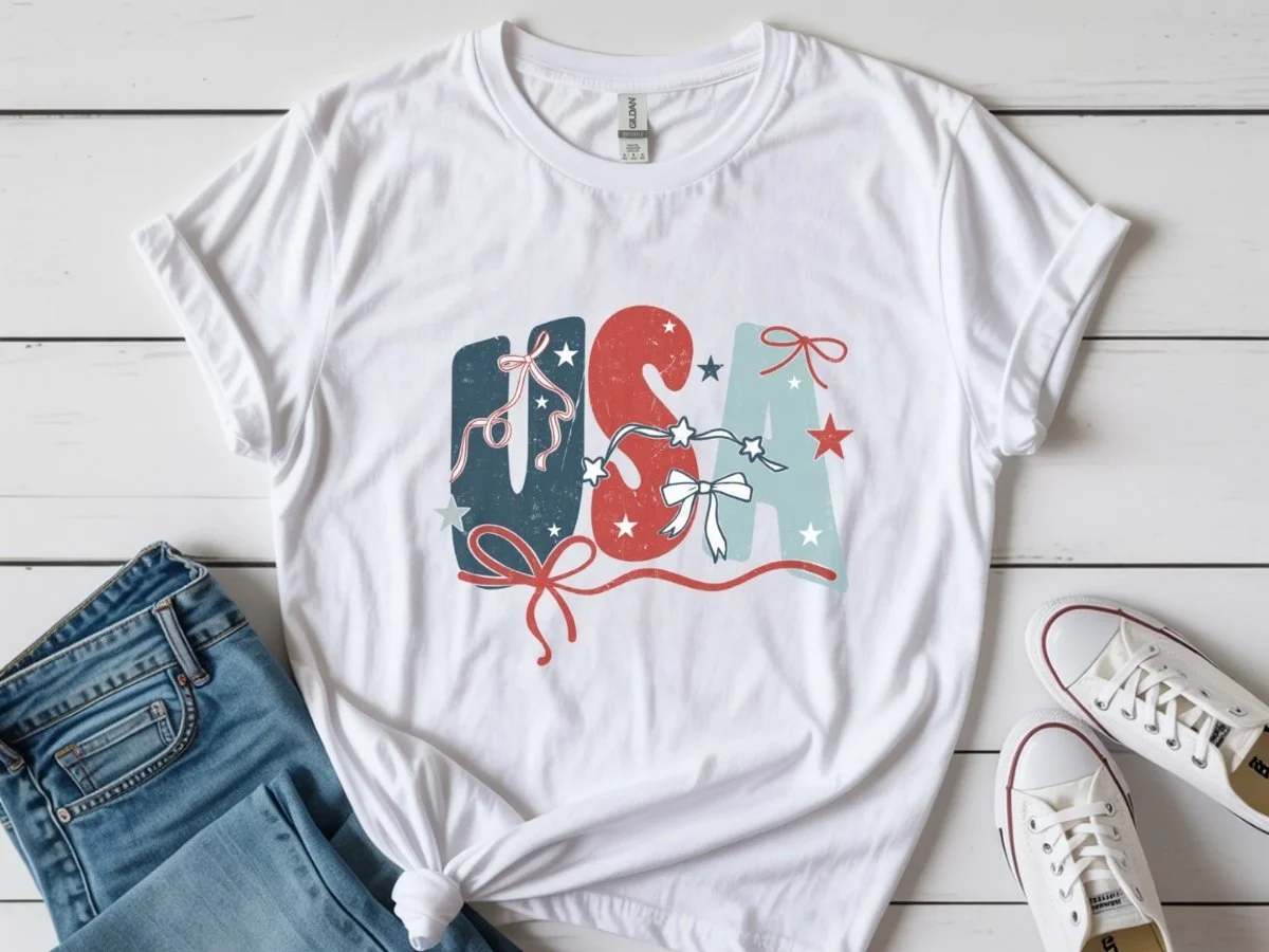USA Coquette Bow Graphic Tee | Patriotic 4th of July Shirt | Cute Americana T-Shirt