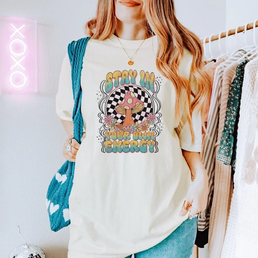 Stay in Your Own Energy Mushroom Graphic Tee – Comfort Colors® 1717 Retro Boho Shirt