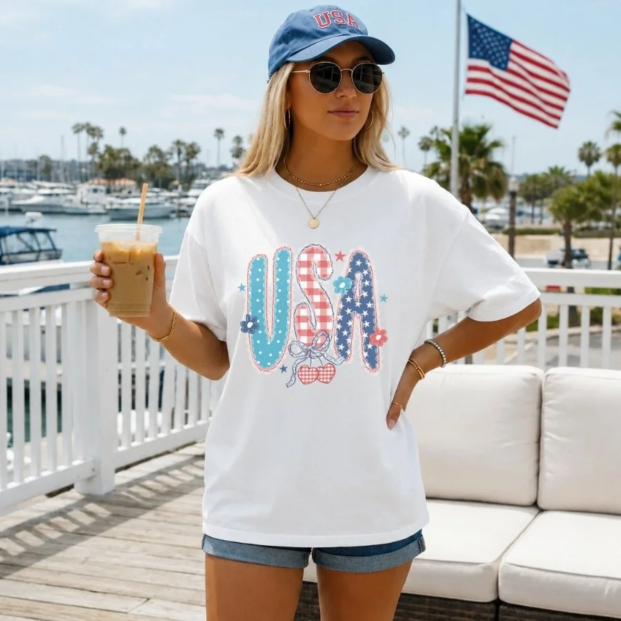 USA Coquette Patriotic Tee | Cute Americana Bow Shirt | 4th of July Graphic T-Shirt