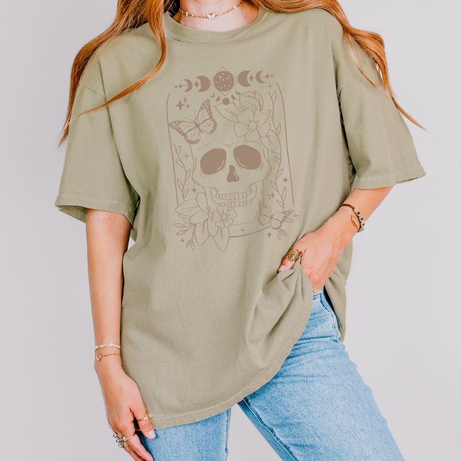 Boho Floral Skull Graphic Tee – Comfort Colors® 1717 Vintage Botanical Skull Shirt