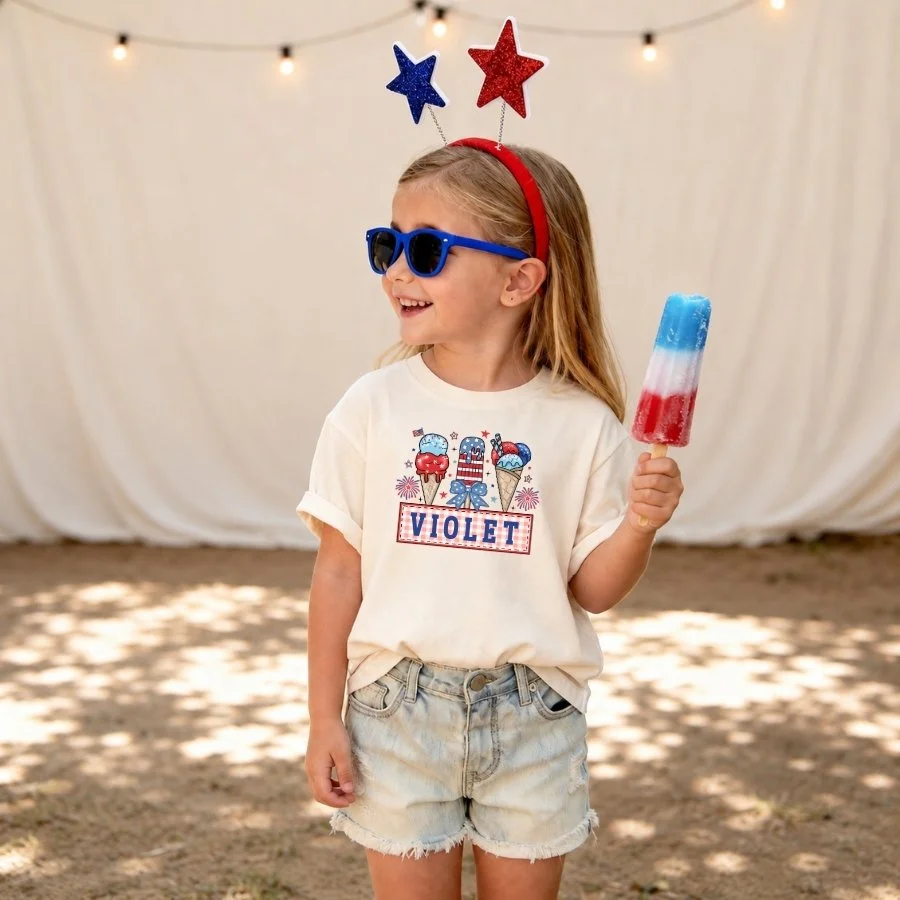 Personalized Patriotic Popsicles Kids Shirt | Custom Fourth of July Name Tee | Toddler & Youth Holiday Shirt