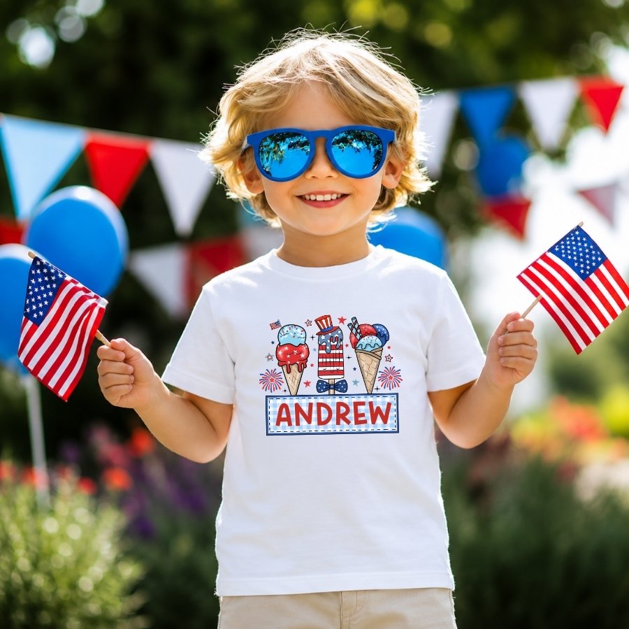 Personalized Patriotic Ice Cream Kids Shirt | Custom Fourth of July Name Tee | Toddler & Youth Holiday Shirt