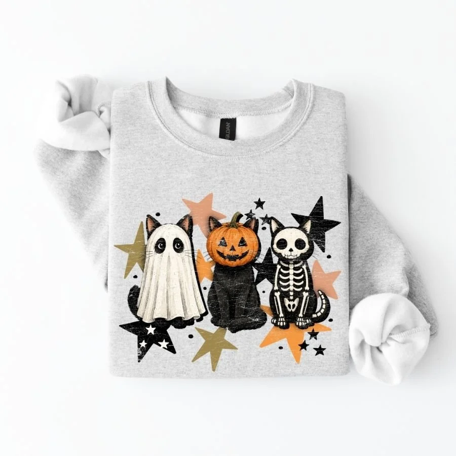 Halloween Cat Sweatshirt | Ghost Pumpkin & Skeleton Cats Crewneck