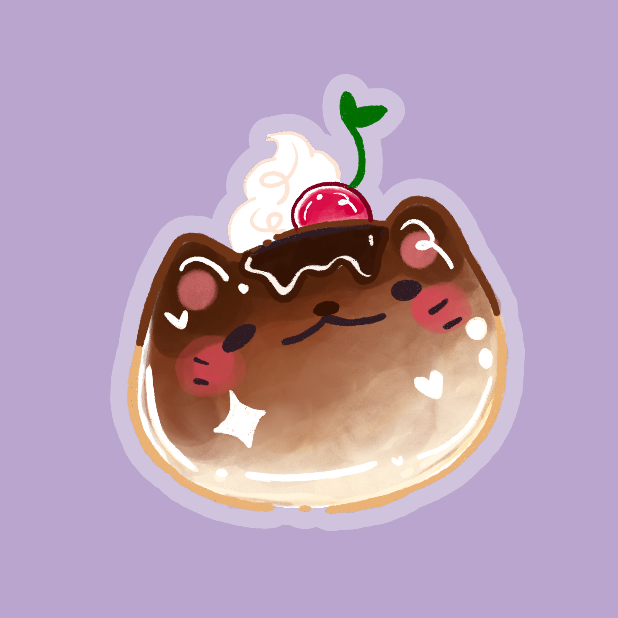 Drawing of a chocolate cake with pink strawberries, whipped cream, and a cherry on top, with a purple background.