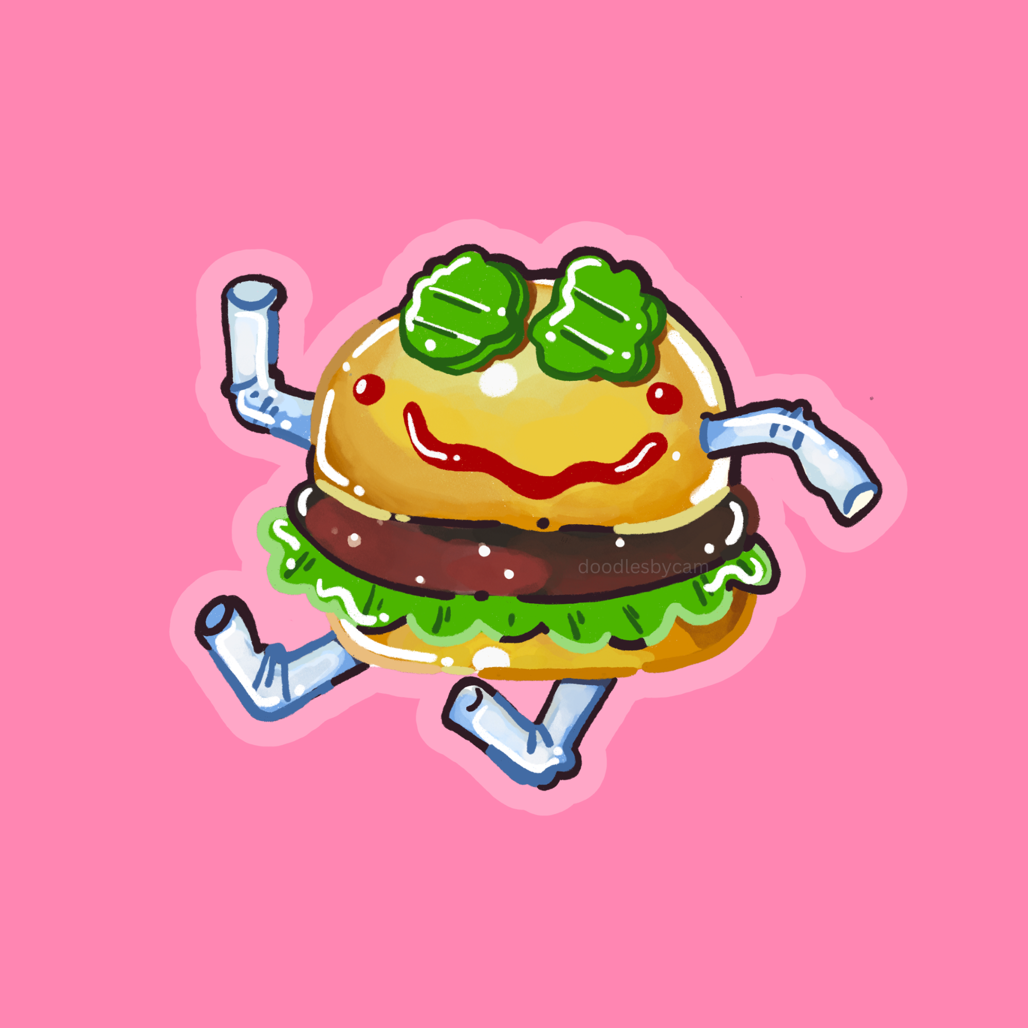 A cartoon illustration of a smiling hamburger character with lettuce, tomato, cheese, pickles, and a sesame seed bun, with arms and legs, on a pink background.