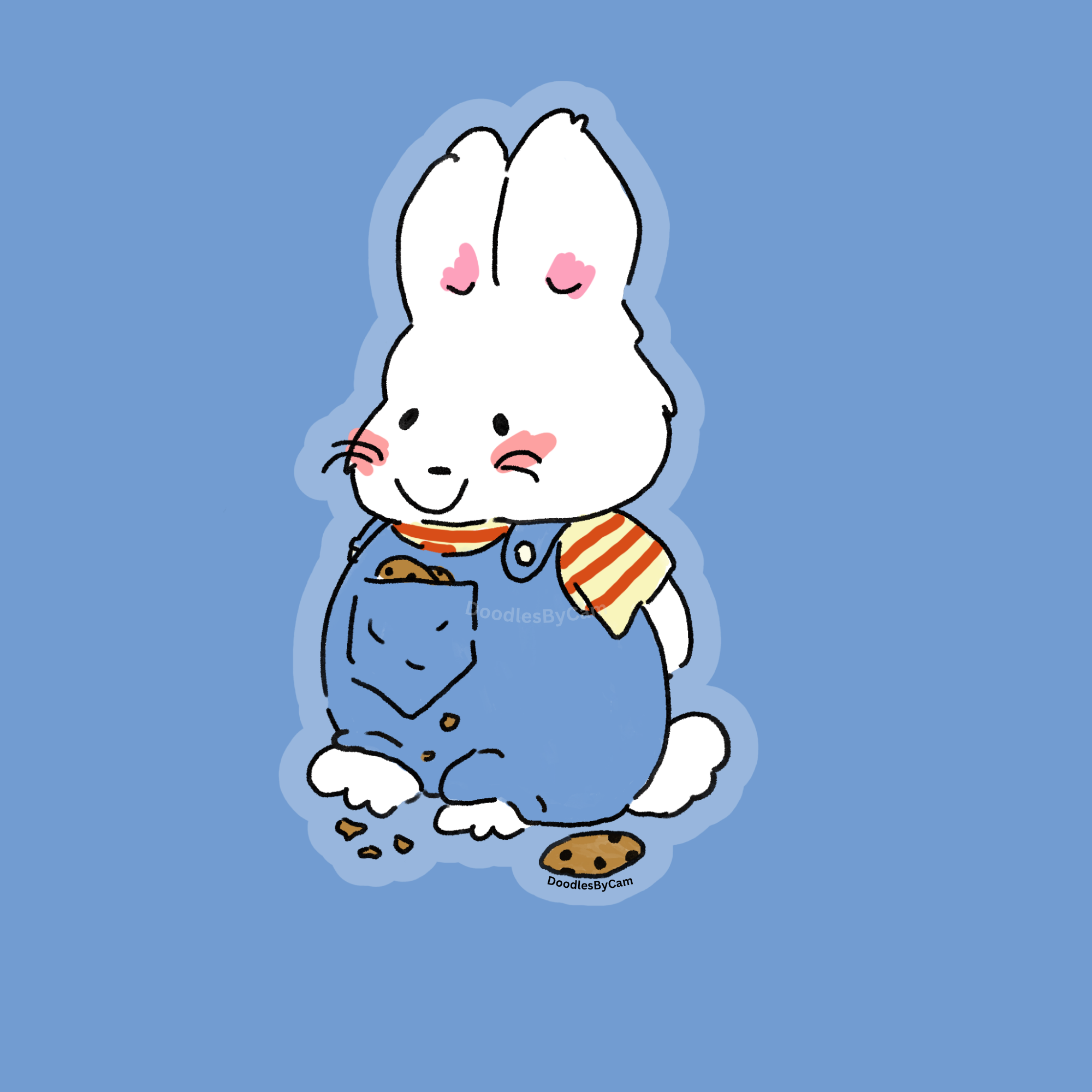 A cute cartoon bunny with closed eyes, pink cheeks, and a big smile, sitting in a blue outfit with a pocket containing a smaller bunny. The bunny is eating cookies, with some crumbs on the ground. The background is blue.