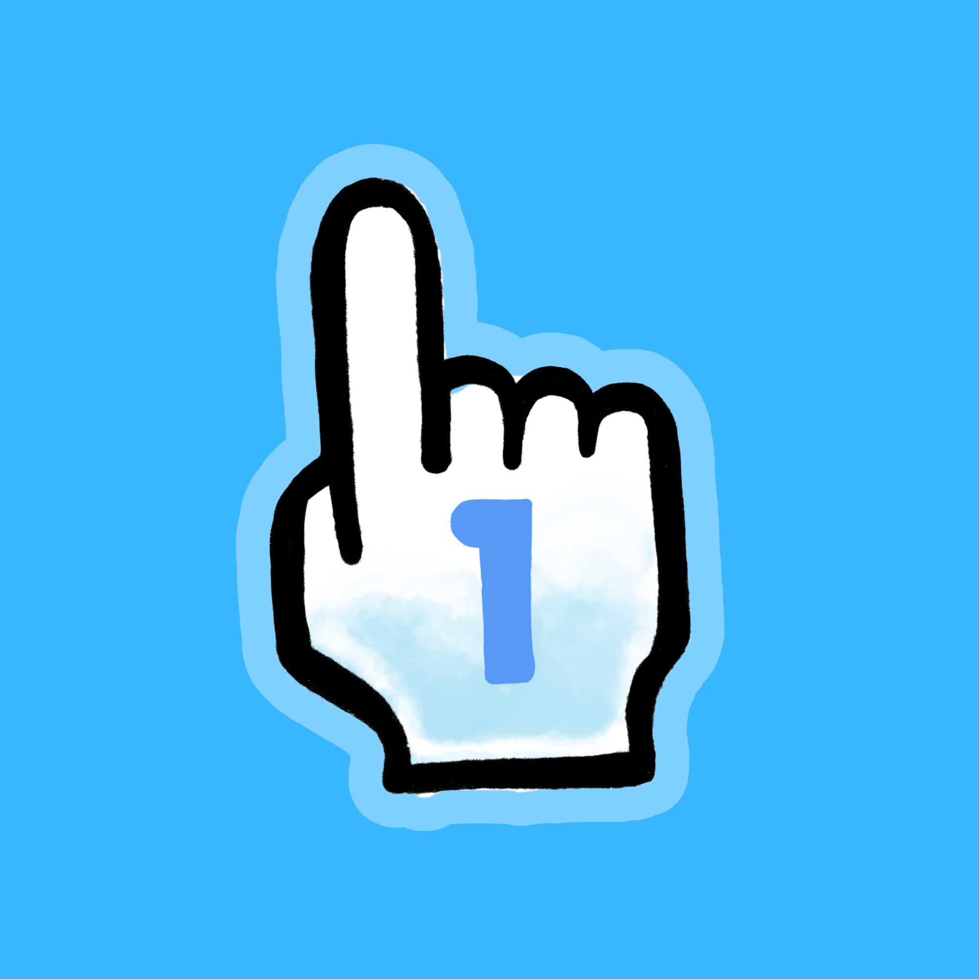 Digital illustration of a computer cursor hand pointing at a social media 'like' icon, set against a blue background.