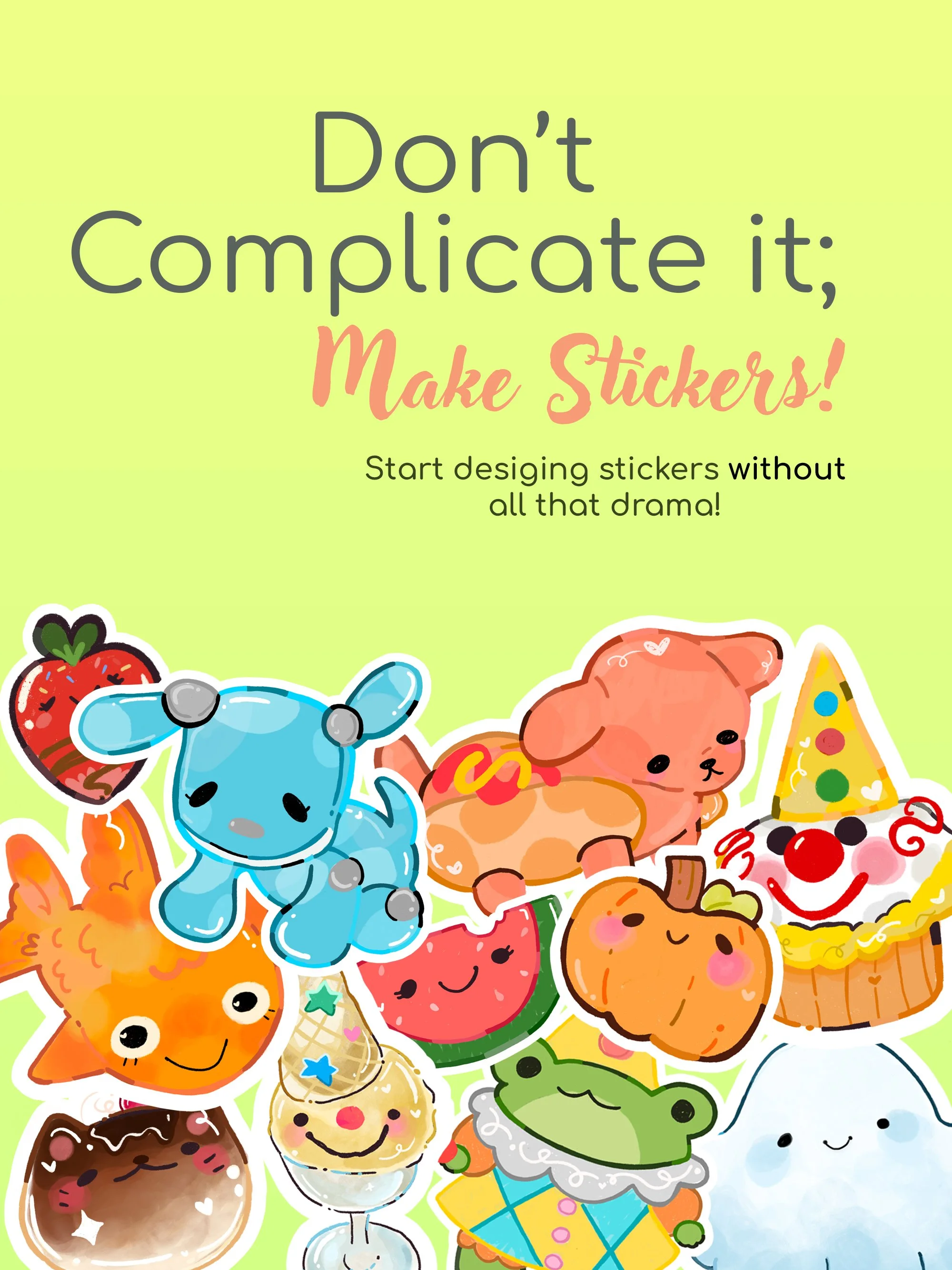 Colorful cartoon stickers of various cute characters and objects, including a blue dolphin, orange fox, strawberry, cupcake, watermelon, ice cream, frog, and clown face, set against a lime green background.