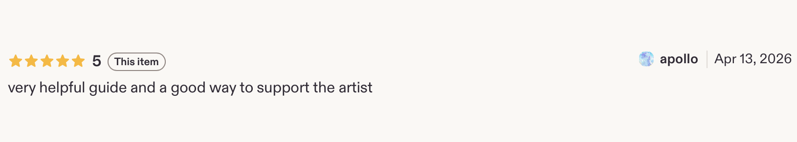 Online review of an art guide with a 5-star rating, posted by a user named Apollo on April 13, 2026.