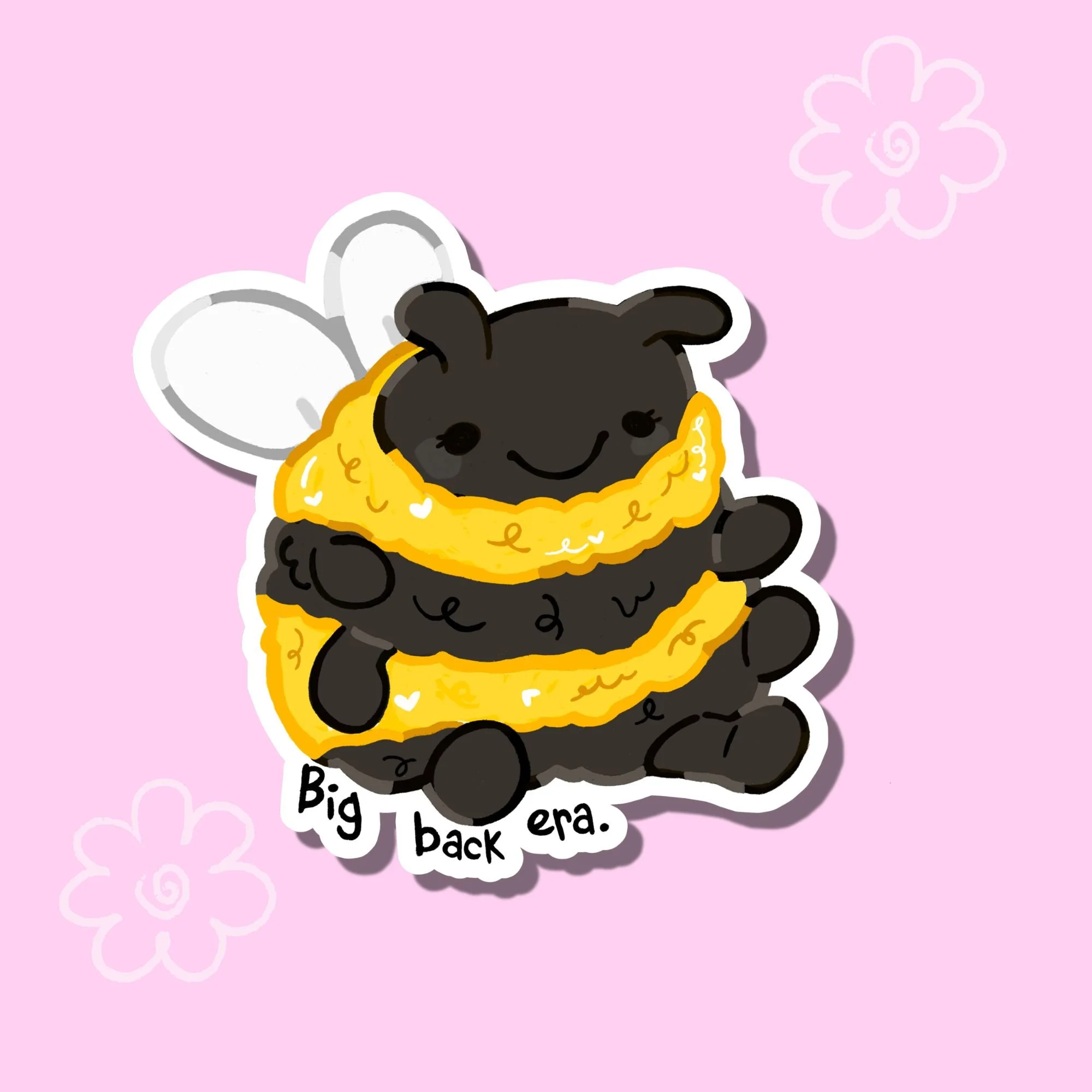 Cute cartoon dog with big eyes and a happy face, wearing a yellow wrap, on a pink background with light pink flower outlines and a quote that reads, 'Big hop back era.'