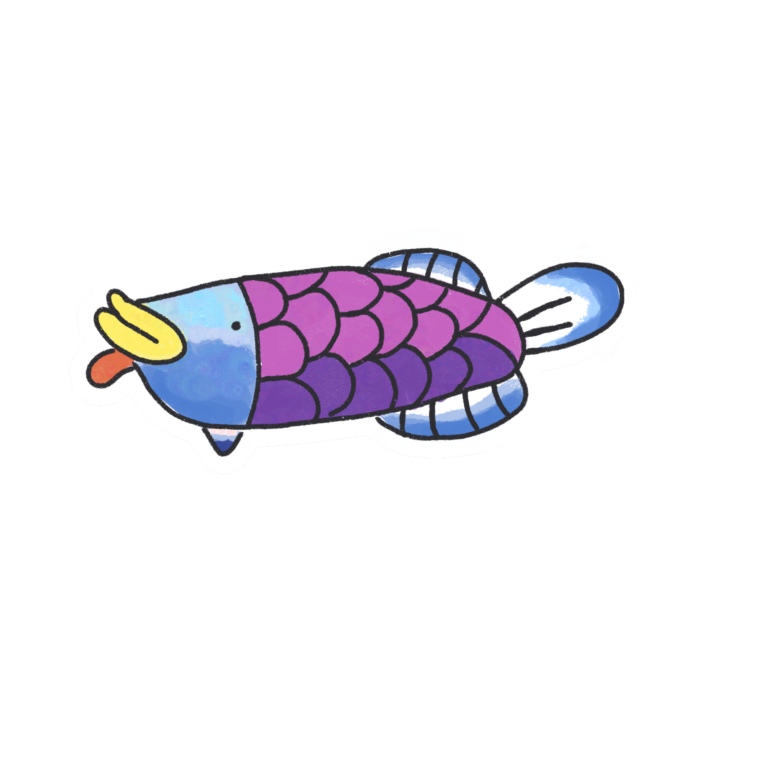 Colorful illustration of a fish with purple scales, a yellow face, and blue and white fins, on a black background.