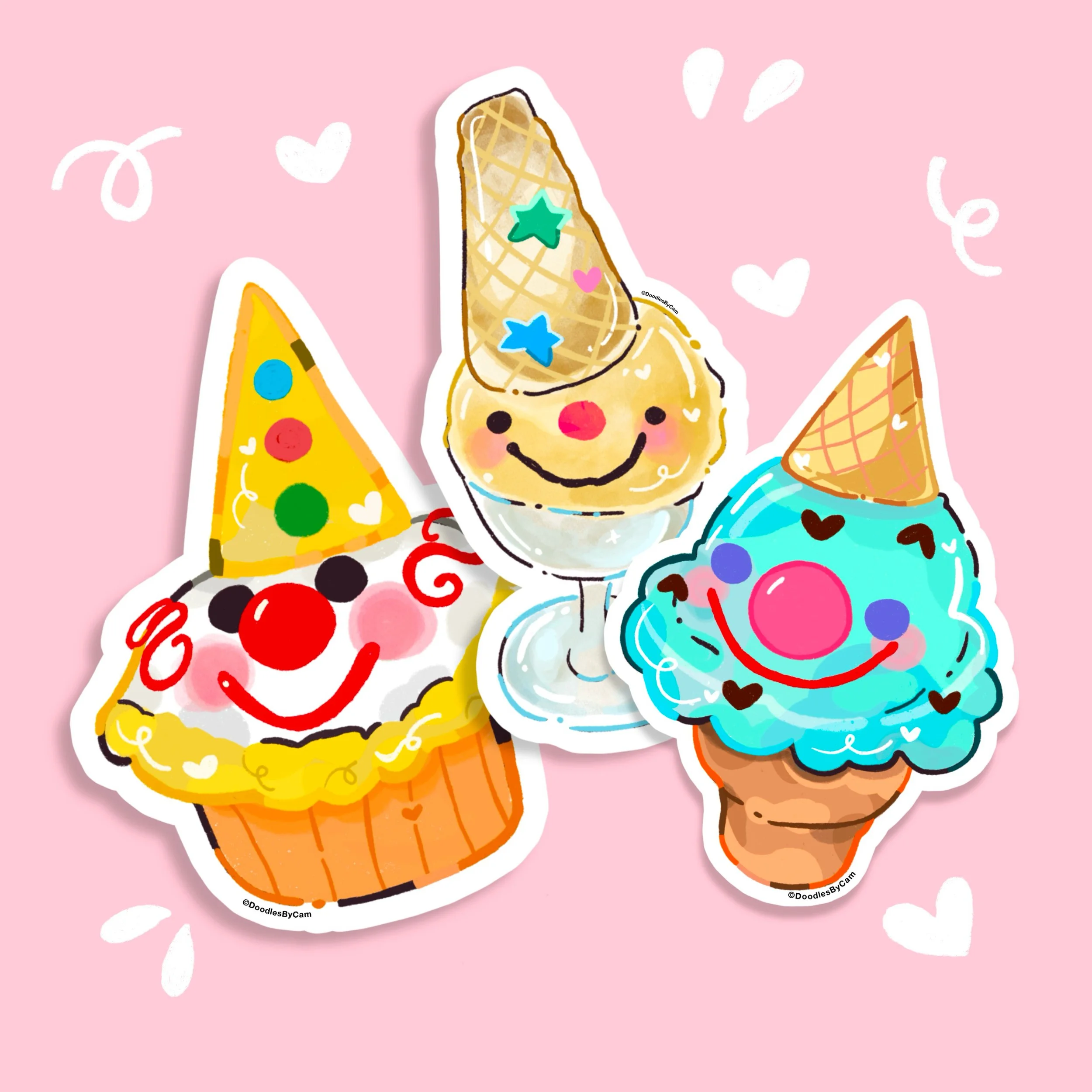 clown core waterproof stickers, aesthetic etsy stickers, doodlesbycam, doodlesbycam etsy, clown core stickers