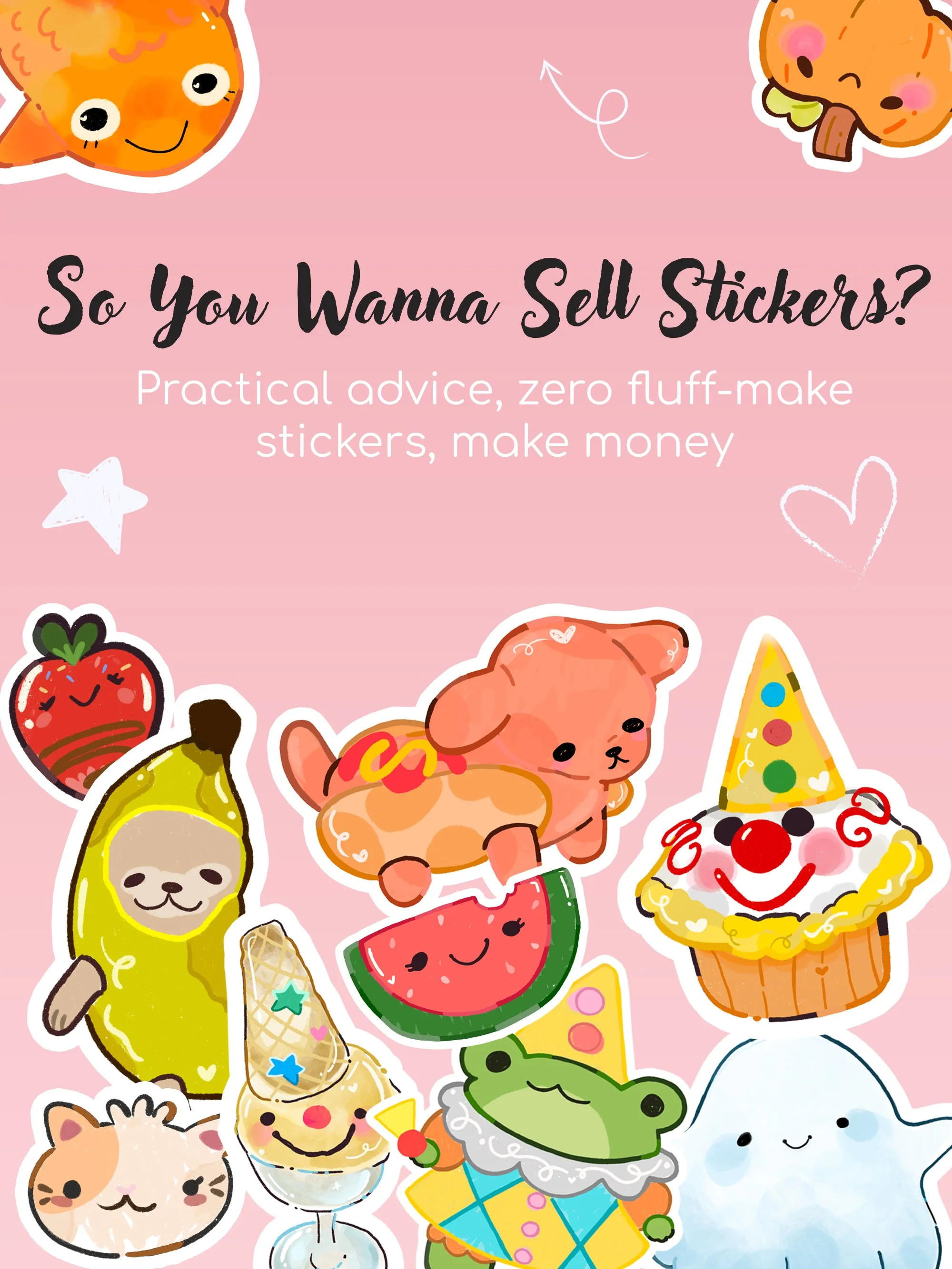 A colorful collection of cartoon stickers featuring animals, food items, and festive objects on a pink background.