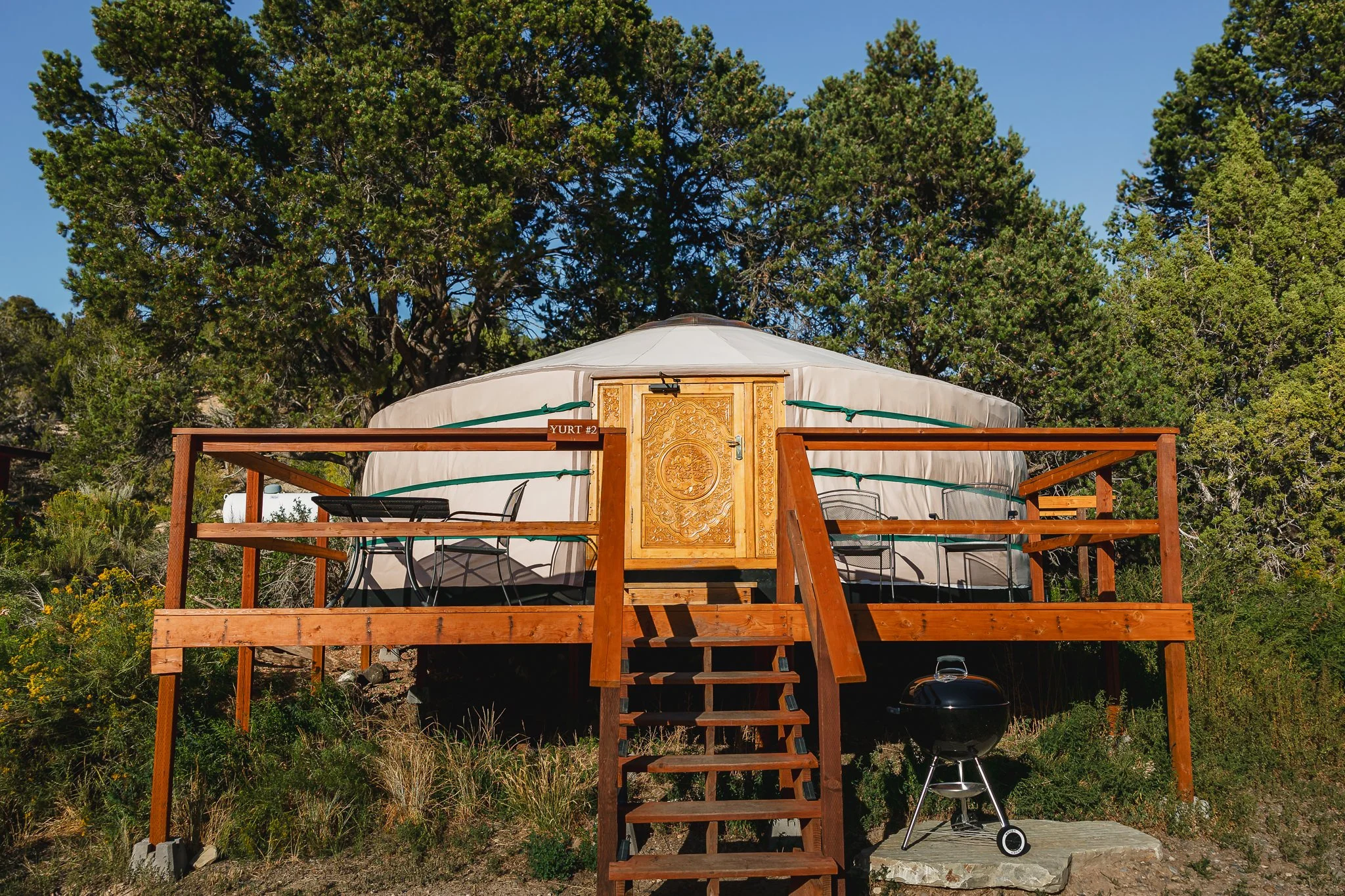 A yurt with a wooden deck and stairs, surrounded by trees and shrubs, with a clear blue sky overhead.