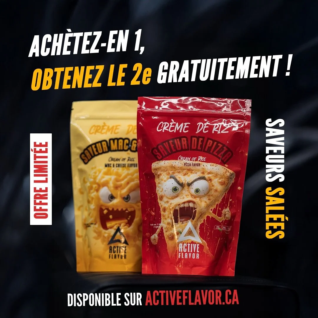 🔥 OFFRE LIMITÉE 🔥
Les saveurs salées débarquent chez Active Flavor ! 
Mac & Cheese 🧀 ou Pizza 🍕 — choisis ton camp (ou prends les deux …).
👉 Achète-en 1, obtiens le 2e GRATUITEMENT !
C’est le m