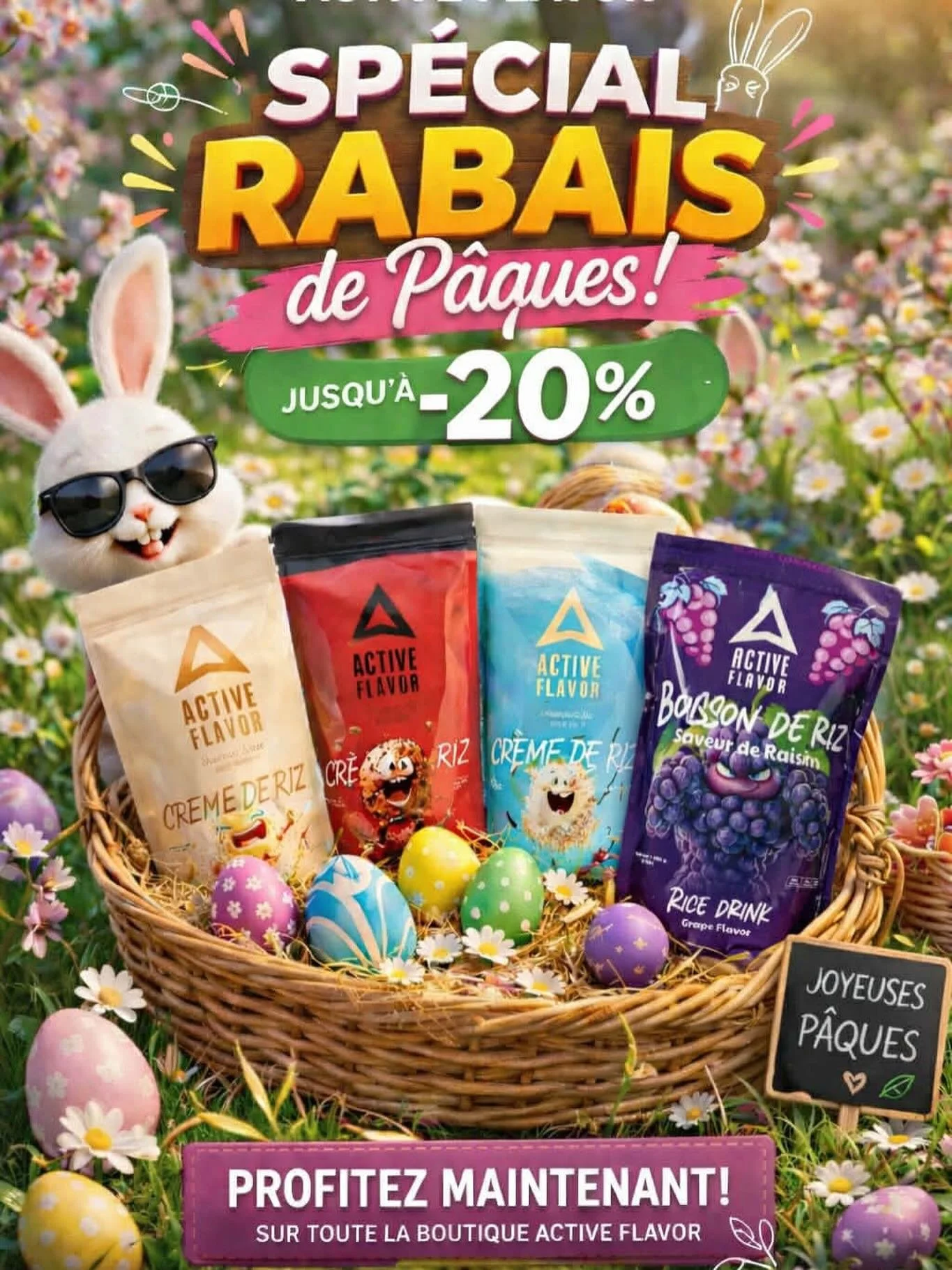 🐣🌸 SP&Eacute;CIAL P&Acirc;QUES &ndash; ACTIVE FLAVOR 🌸🐣

Le printemps arrive&hellip; et les gains aussi! 💪🔥

Profite de jusqu&rsquo;&agrave; 20% de rabais sur toute la boutique Active Flavor.

🐰 Dimanche et lundi de P&acirc;ques seulement &mda