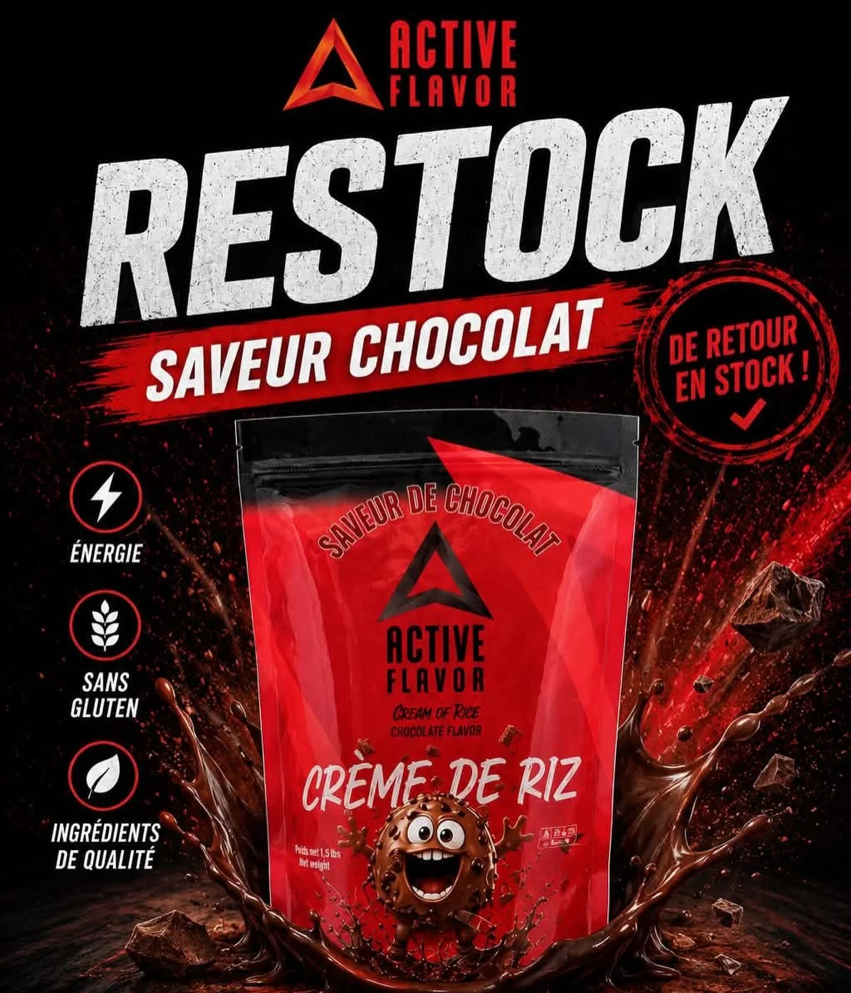 Notre populaire Cr&egrave;me de Riz saveur chocolat est officiellement de retour 🔥

✔️ Texture incroyable
✔️ Sans gluten
✔️ Facile &agrave; dig&eacute;rer
✔️ Parfait pr&eacute;/post training

Merci &eacute;norm&eacute;ment pour votre patience et vot