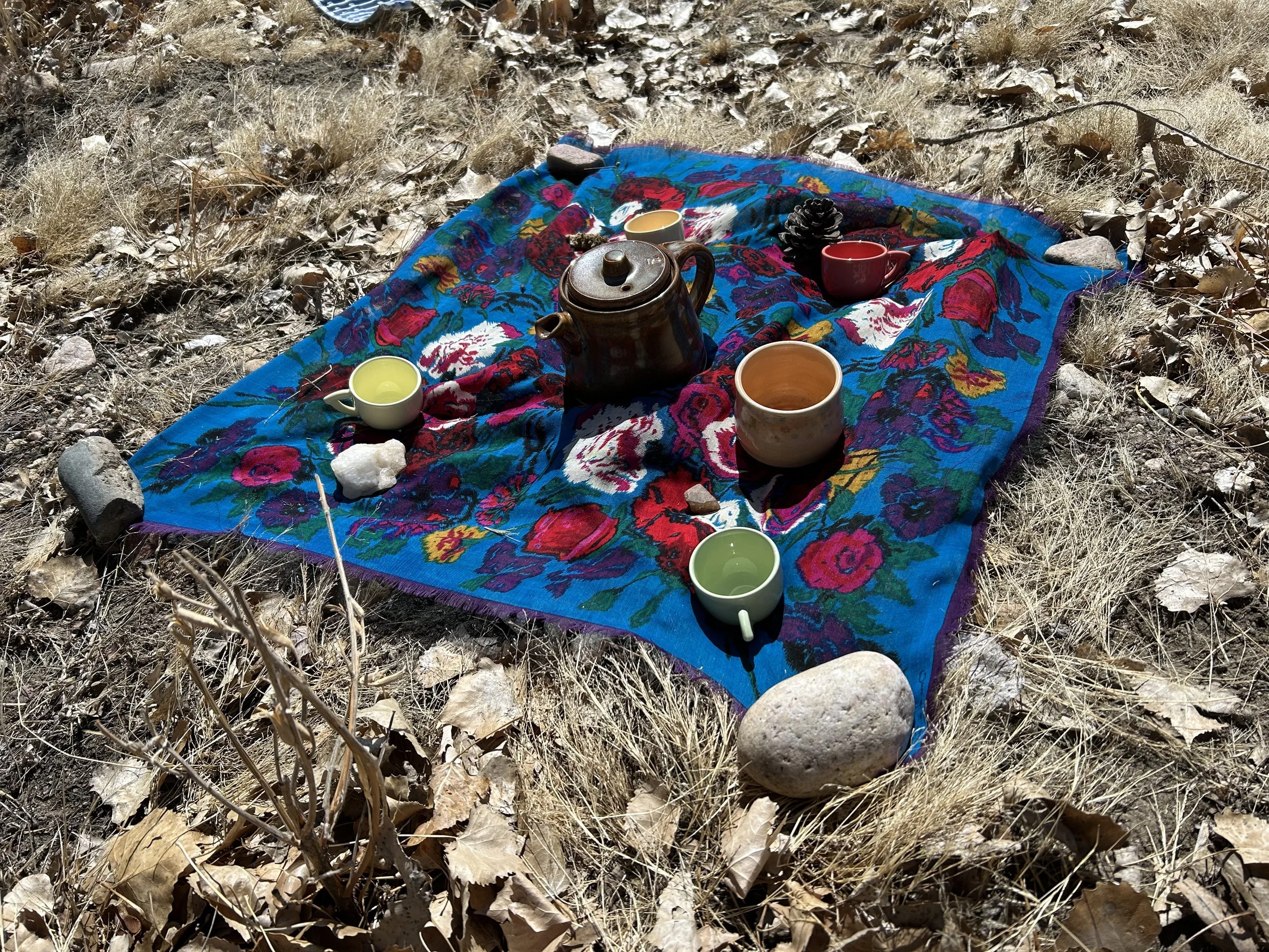 A colorful floral blanket set up outdoors on dry grass with cups, a teapot, a pine cone, and rocks arranged for a picnic.