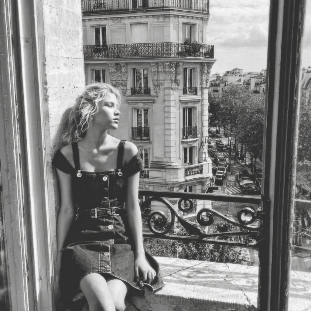 Black-and-white portrait of a woman by a Parisian window, representing cultural reflection and modern life