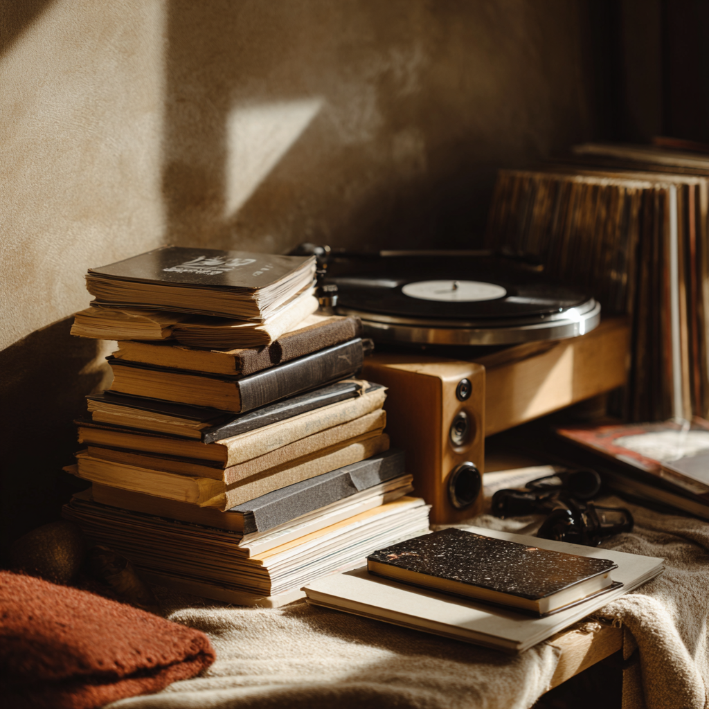 Still life of stacked books beside a record player in warm indoor light