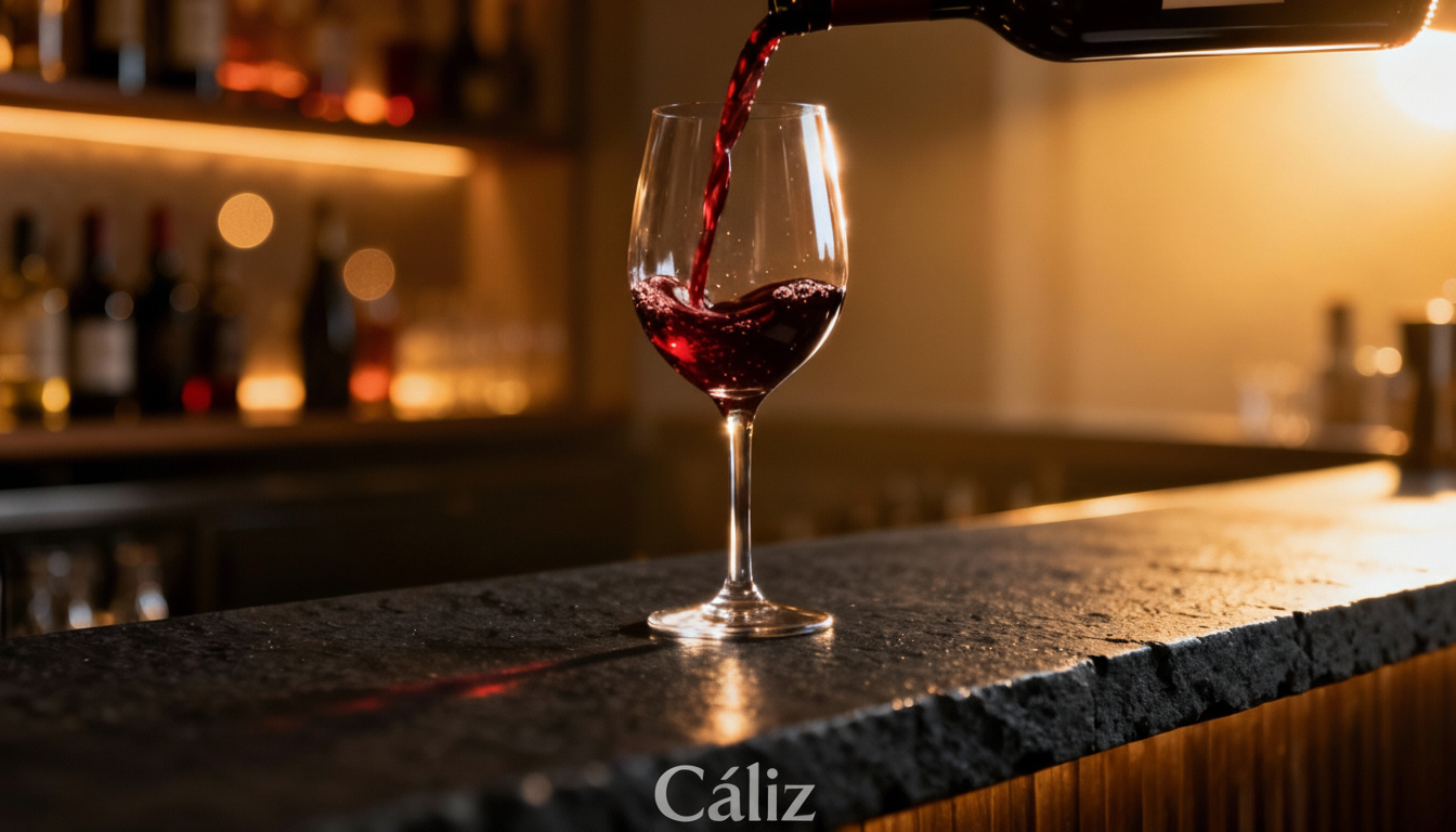 Quầy wine bar ấm áp với ánh đèn vàng, ly vang đỏ  trên bàn, không khí thư giãn tại Cáliz