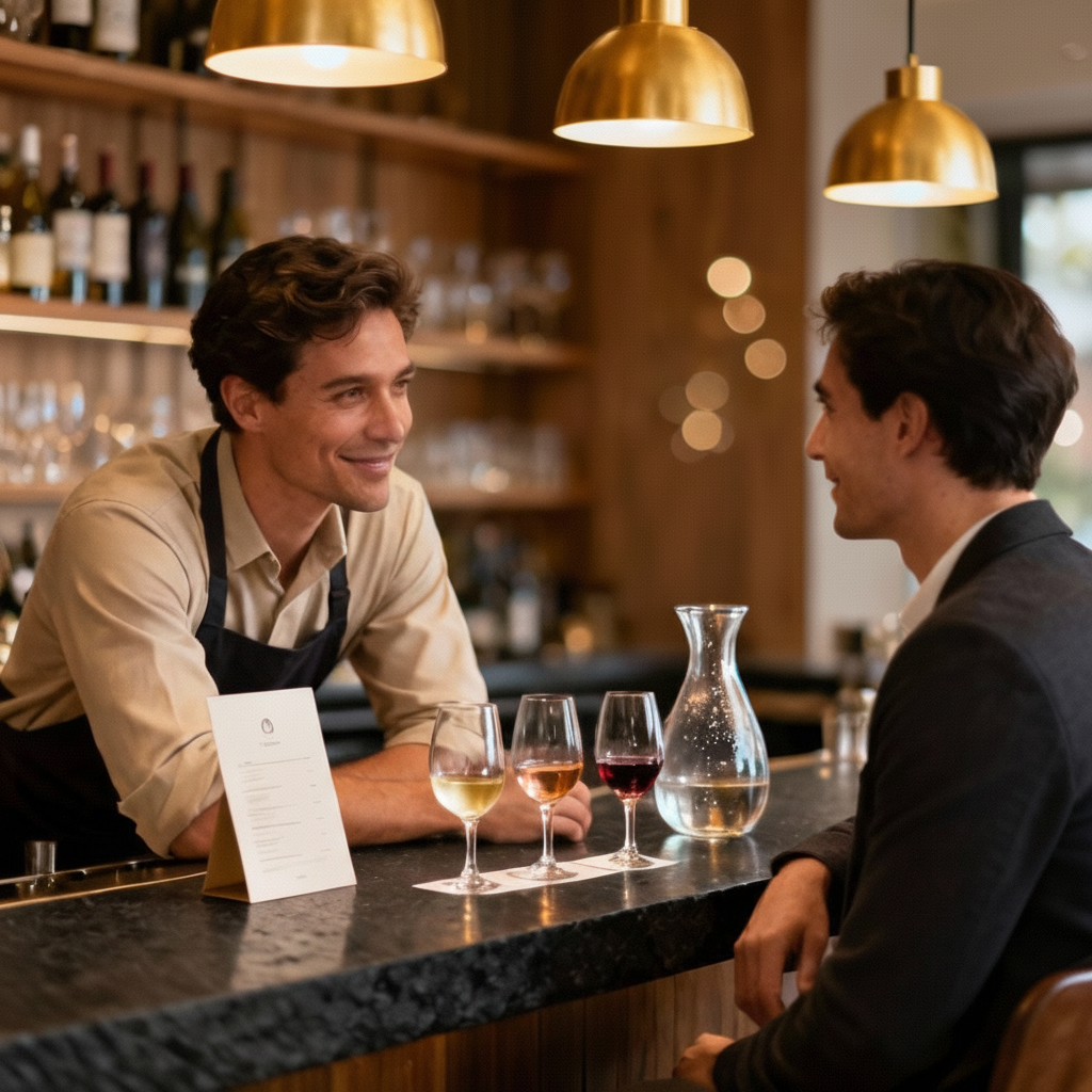 Sommelier tại quầy đang trao đổi với khách về hương vị vang, menu rượu mở trên quầy.