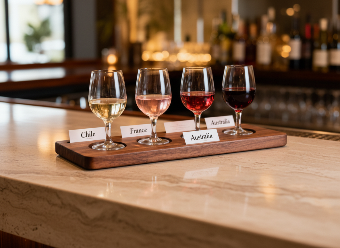 Vang rót theo ly với ghi chú nhỏ về nguồn gốc (Chile, Pháp, Úc) trên kẹp thẻ tasting.
