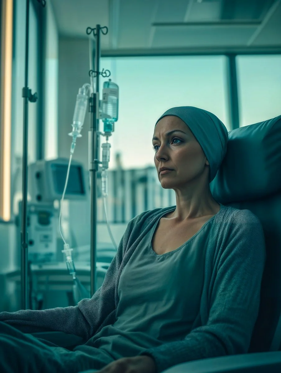 Woman in hospital setting with IV, wearing gray headscarf, looking contemplative. Soft natural light through large windows.